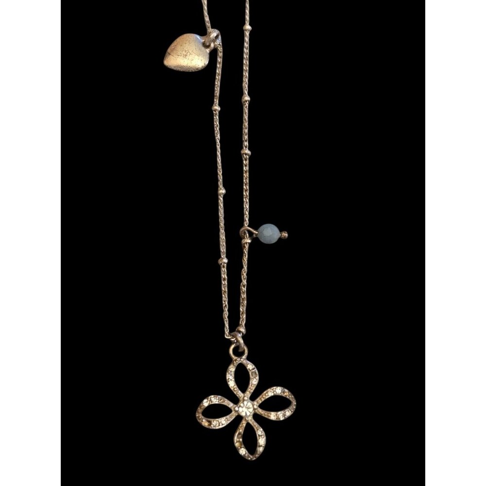 Fossil Silver Tone Necklace Rhinestone Cross Pendant Heart Charm 18"